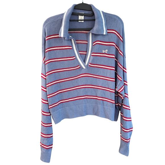 PINK Victoria’s Secret Cambridge Preppy Striped Knit Collegiate Sporty Sweater L - Picture 1 of 8